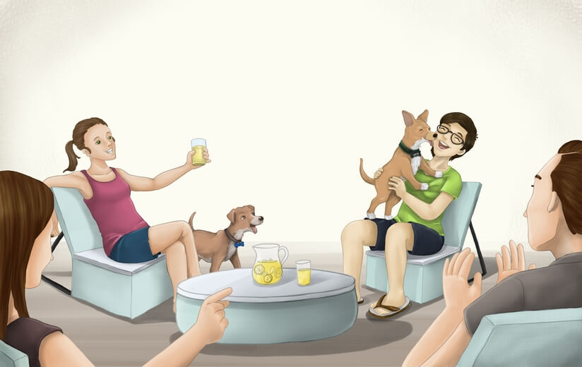 A dog welcoming two guests visiting the family.