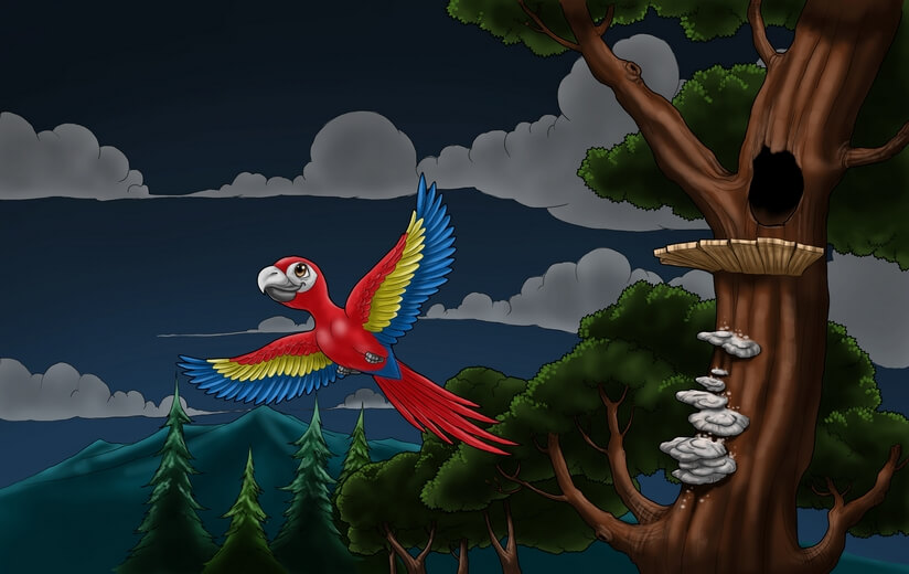 A macaw bird flying off its nest at night.