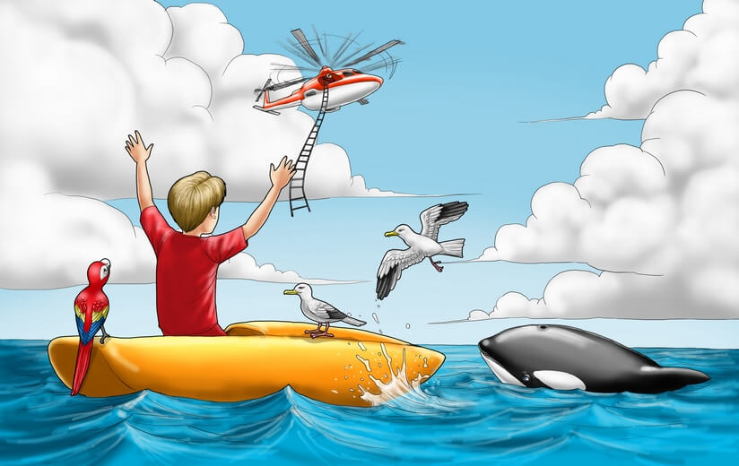 A boy and a macaw bird in a kayak, waiting for a rescue helicopter.