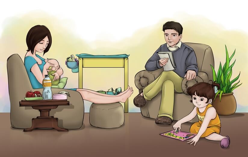 A mother breastfeeding her baby in a living room, with the father and elder sister engaged in their own activities.