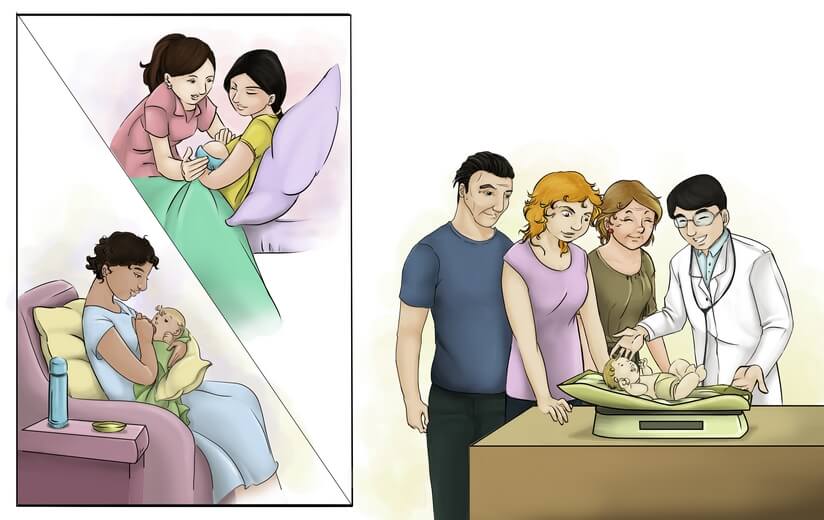 A pediatrician weighing an infant with the parents observing.