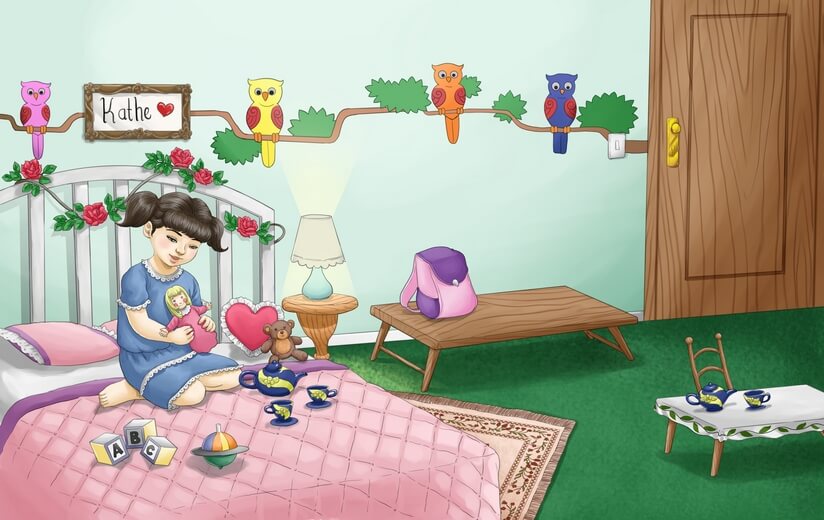 A girl playing on her bed, anticipating her mother's arrival for bedtime.