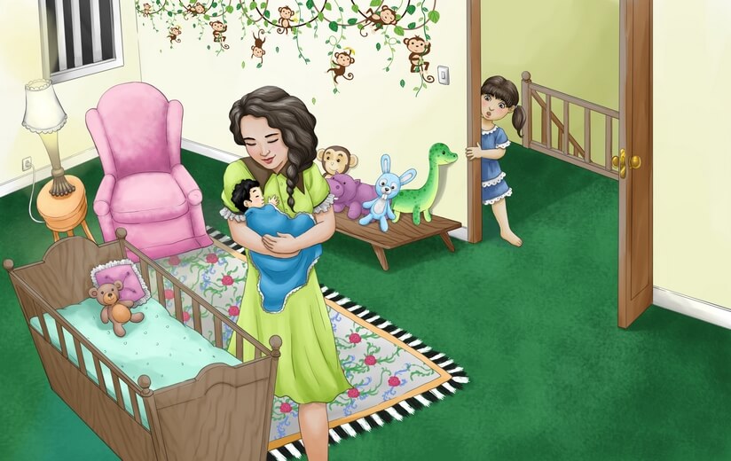 A girl looking into a room, seeing her mother focused on putting her baby brother to sleep.