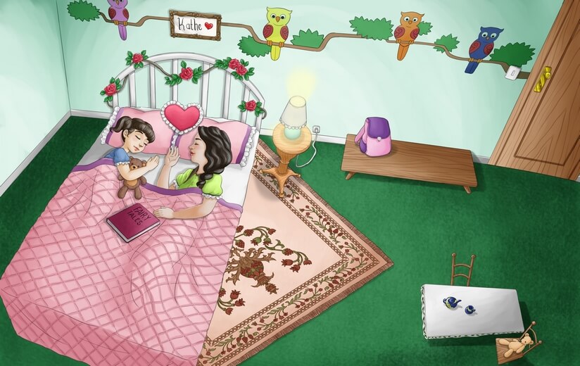 A girl and her mother soundly asleep, resting after a busy day.