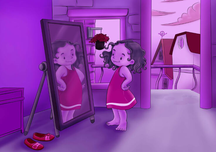 A girl looking at her reflection in a mirror.