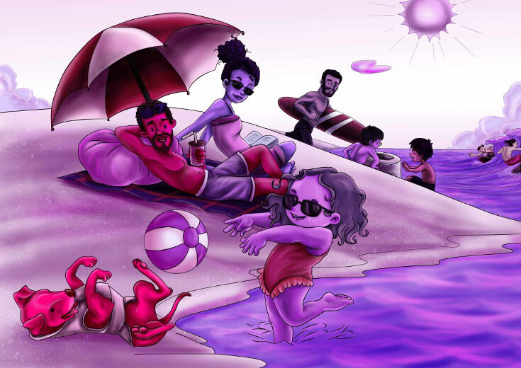 Girl playing with her dog on a beach, parents watching in the background.