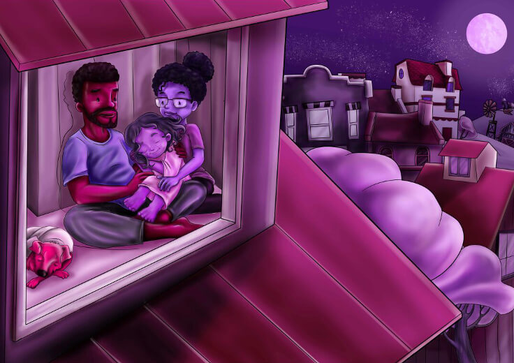 Family hug in an upper room, city skyline visible in the background.