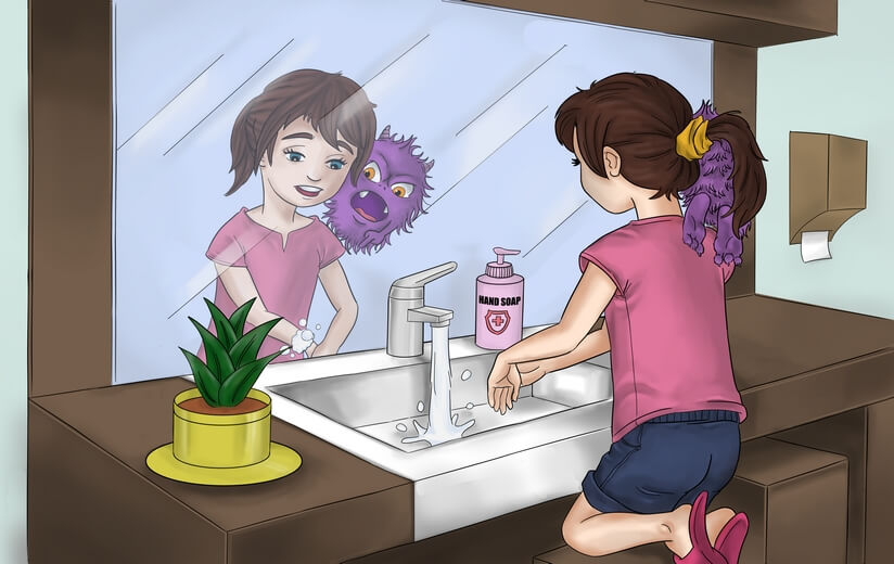 A girl engaged in daily activities, with a small monster on her shoulder shouting discouraging words.