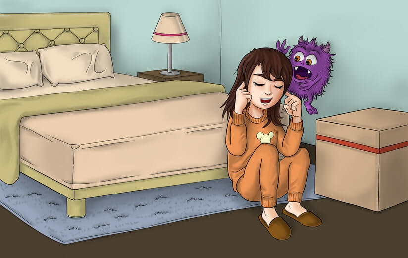 A girl with a small monster on her shoulders, shouting discouraging words.