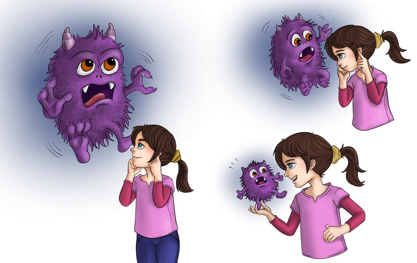 A confident girl shrinking a small monster, symbolizing managing OCD.