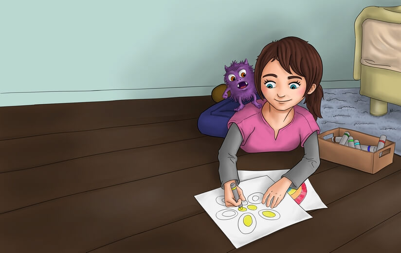 A girl with a small monster sitting on her shoulder, symbolizing OCD.