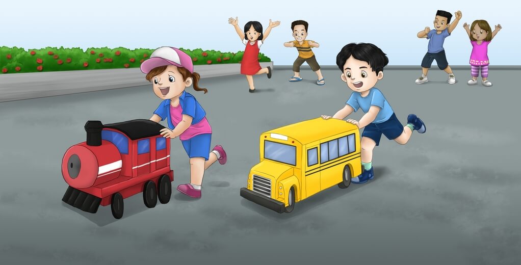 Children having fun pushing a toy car in a park setting.