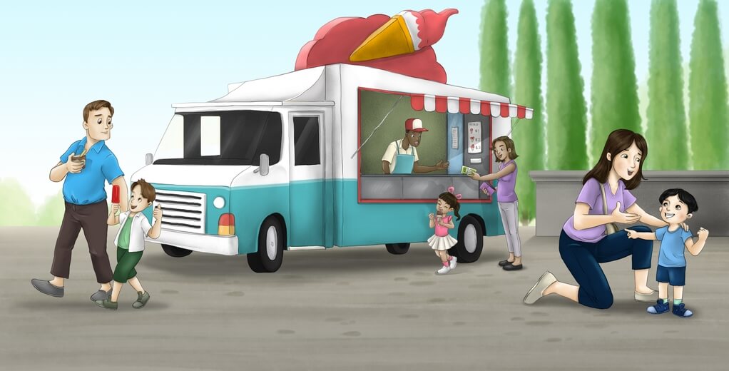 A boy asks for an ice cream from a truck vendor.