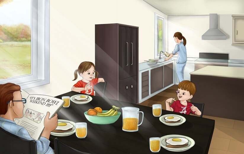 A family having breakfast in the dining room, with sunlight streaming through the windows.
