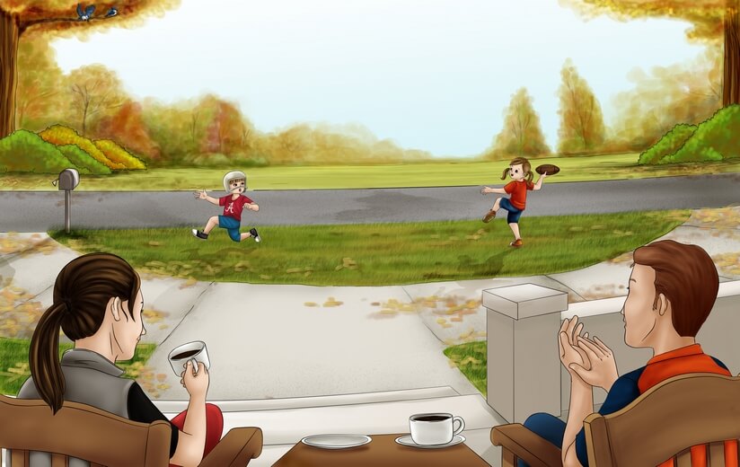 A brother and sister playing football catch in front of their house.