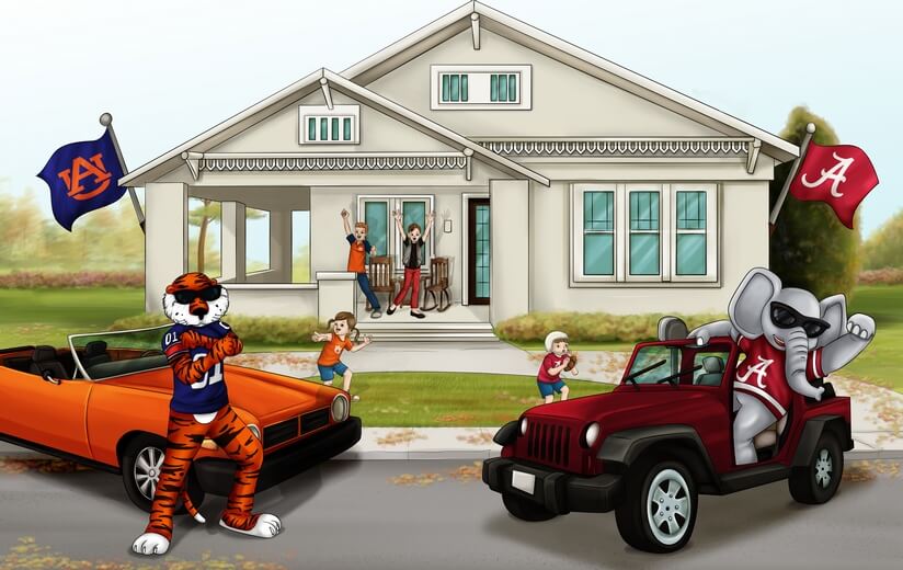 Two mascots from different teams visiting a family's house.