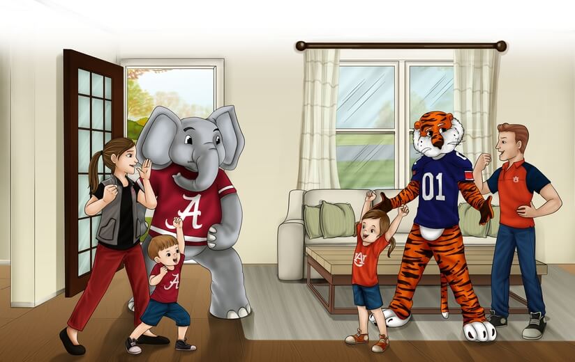 A family with members showing allegiance to opposing football teams.