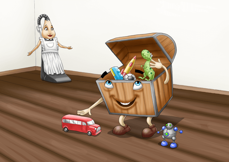 Toy box gathering up scattered toys in a room.