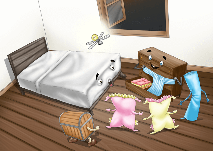 Bedroom objects chatting before bedtime.