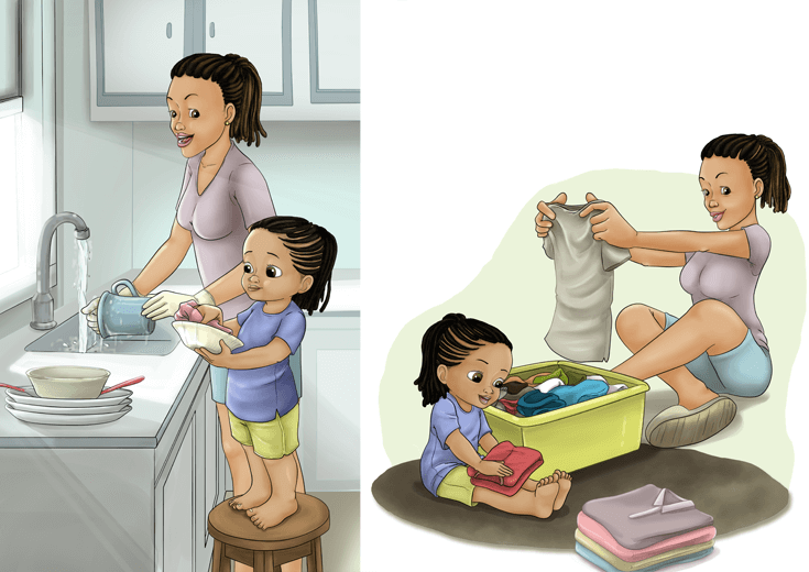 A girl helping her mother with daily chores.