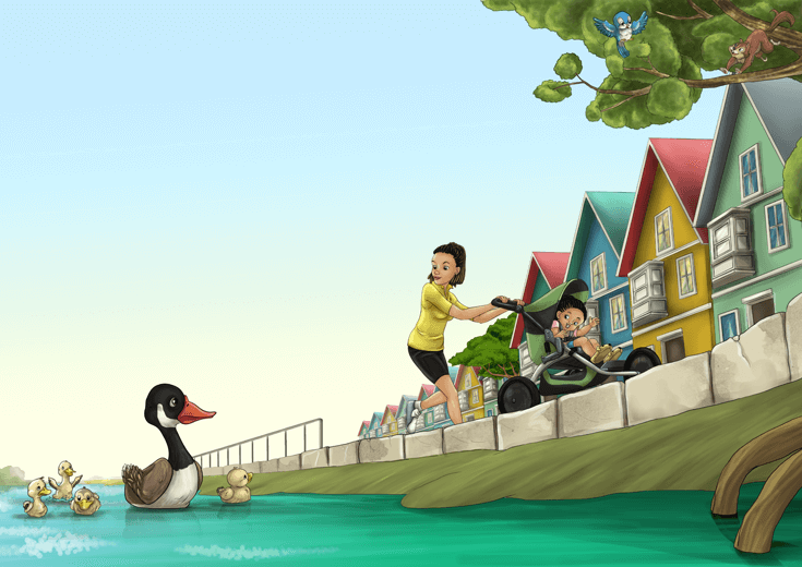 A mother running with her daughter in a stroller along a lakeside, where ducks are swimming.