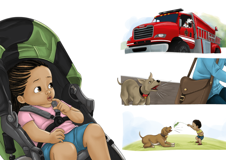 A girl listening to various dogs barking at something.