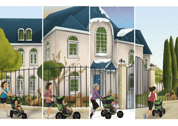 Mother and daughter passing the same house throughout four seasons, with the resident dog not barking.