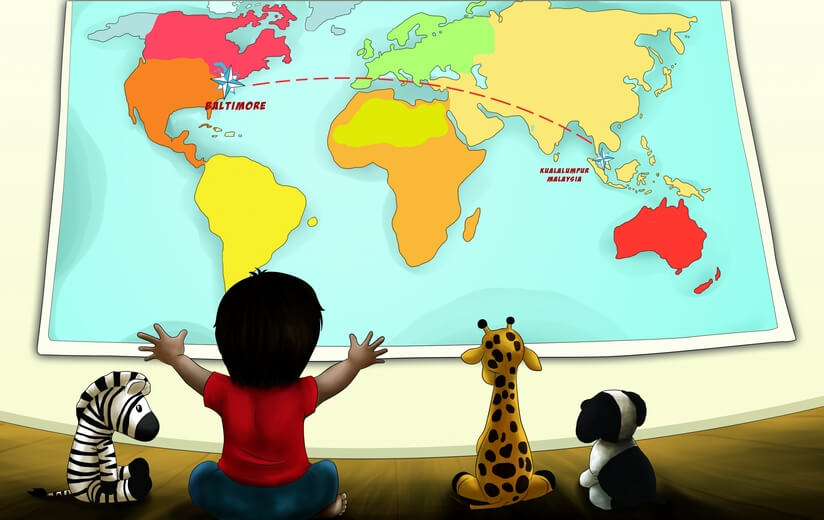 A boy studying a map, focusing on the distance to his ancestral hometown in Malaysia from his current home.