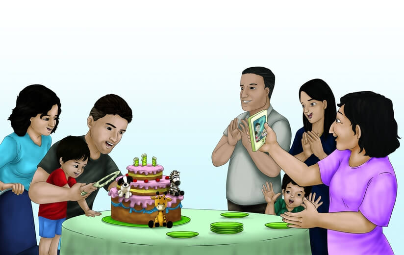 A boy surrounded by his extended family at his birthday celebration.