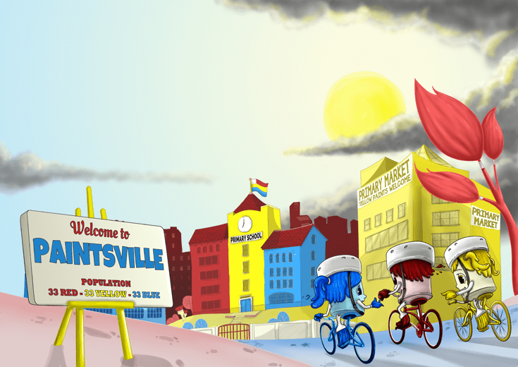 Three paint buckets, representing primary colors, cycling to school.