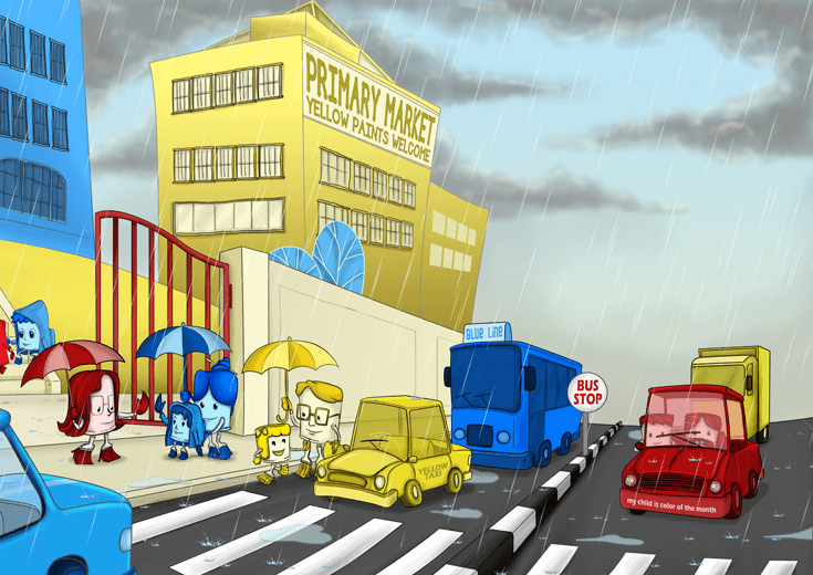 Parents sending their children, each representing a primary color, to school.