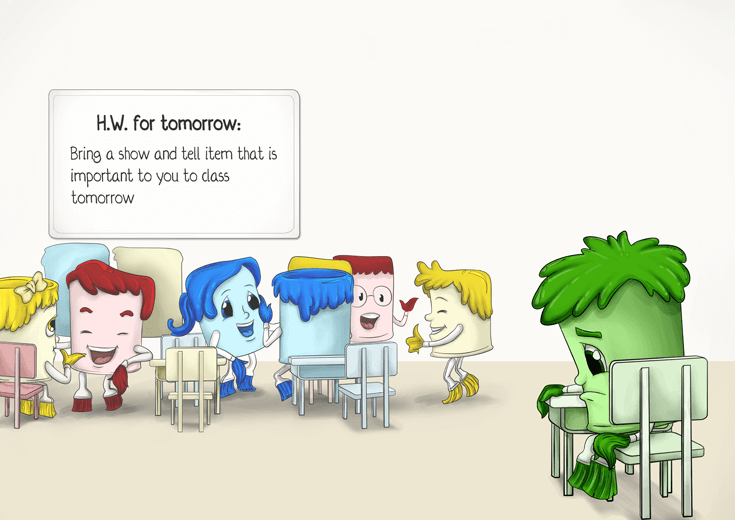 A classroom scene where a new student, shown as a non-primary color, is being socially excluded.