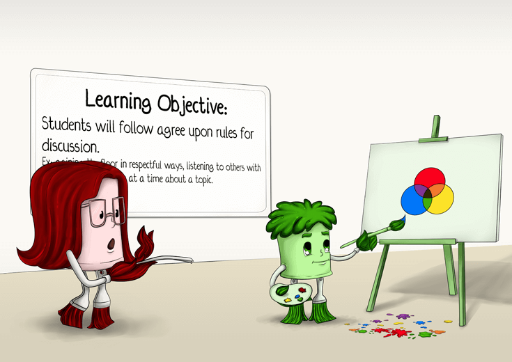 A new student, depicted as the color green, explaining to his classmates that he is a mix of basic colors.