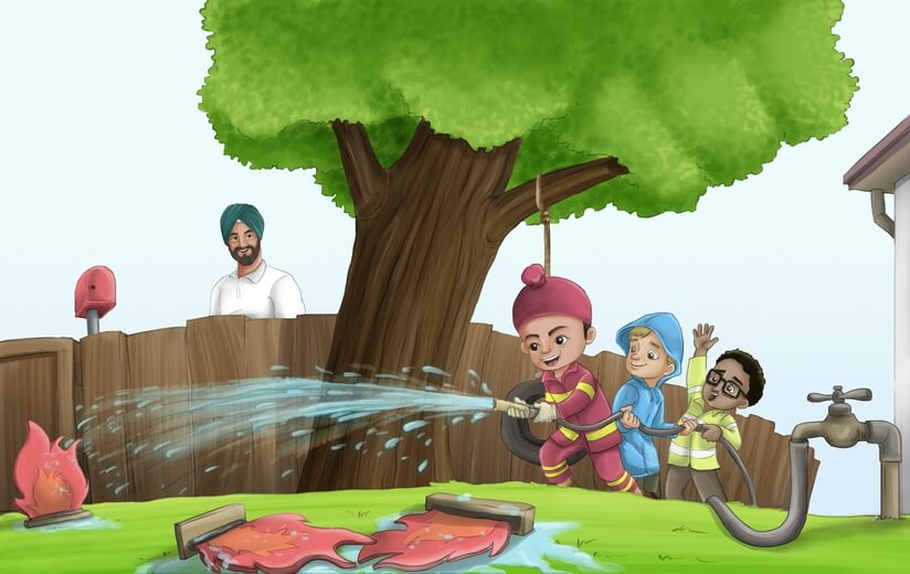 A boy wearing a Patka playing a firefighter game with his friends.
