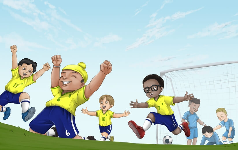 A boy wearing a Patka celebrates after scoring a goal in a soccer match.