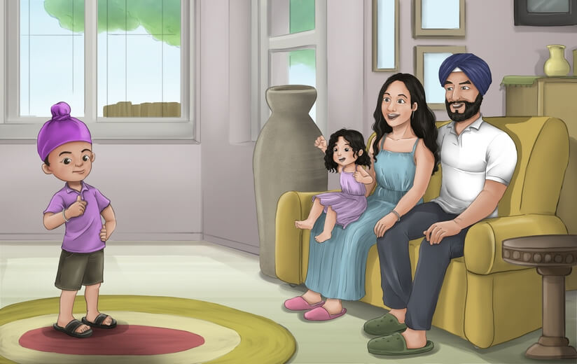A Sikh boy wearing a Patka telling a story to his family.