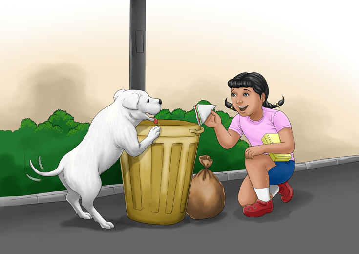 A girl offering a sandwich to a pitbull dog searching for food in a dumpster.