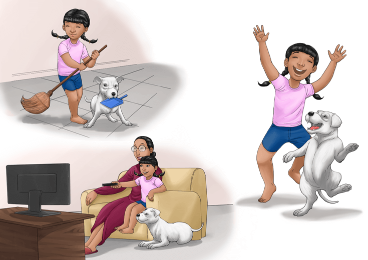 A girl and her pitbull dog doing house chores together.