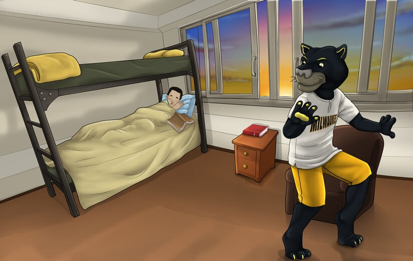 Pounce the panther quietly leaving his bedroom to see the sunrise.