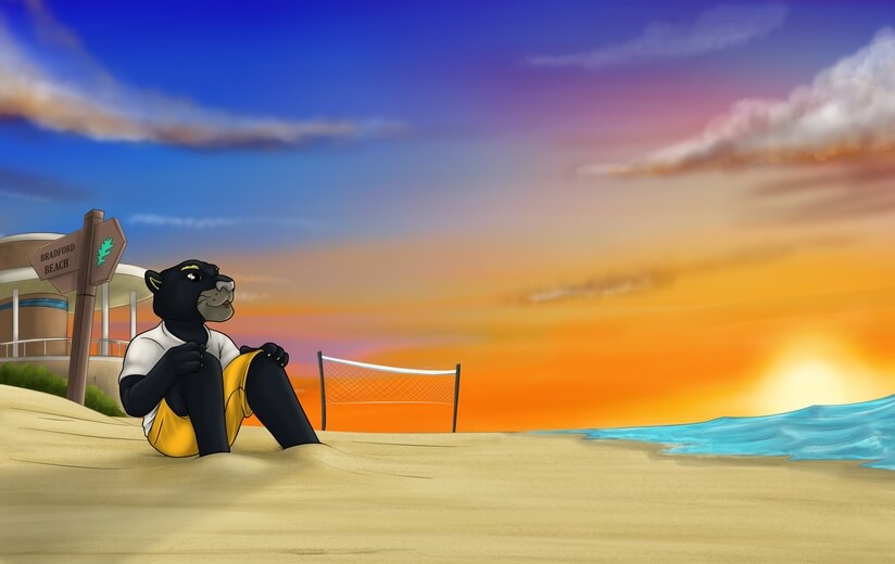 Pounce the panther sitting on a serene sandy beach, watching the sunrise.