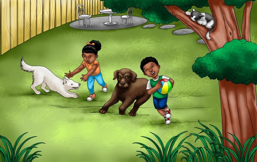 A boy and his sister playing together in the backyard.