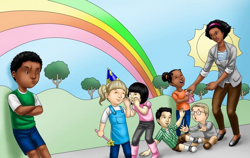 A boy appearing excluded or lonely among his classmates.