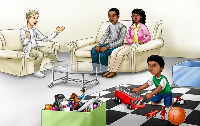 Parents consulting with a counselor about their son.