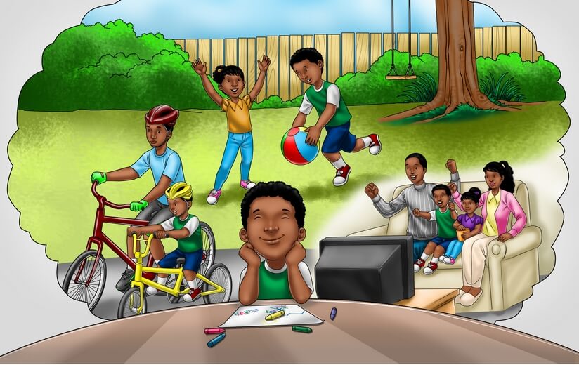 A boy daydreaming about his future dreams and passions.