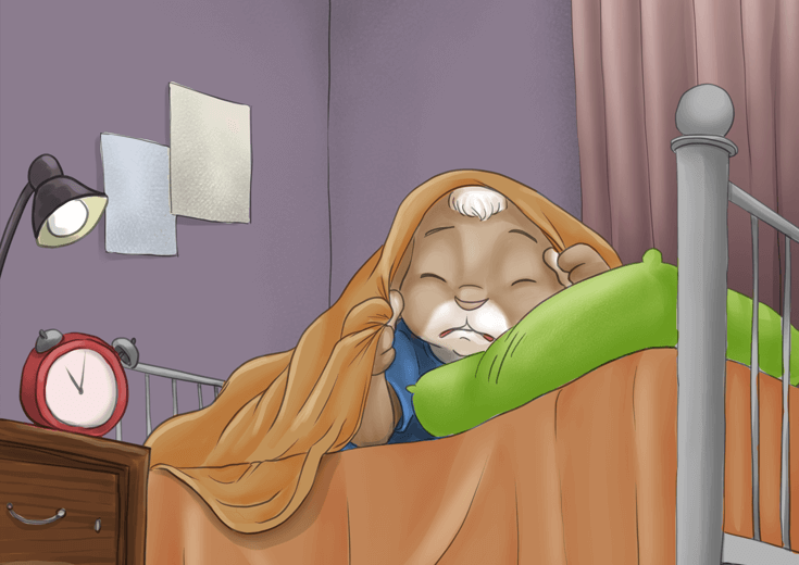 A rabbit boy crying under his blanket, mourning the passing of his uncle.