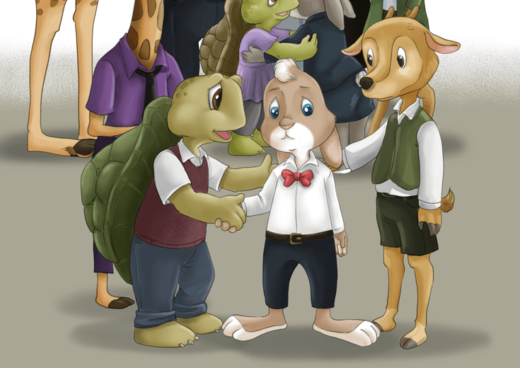 Rabbit boy's friends consoling him at his uncle's wake.