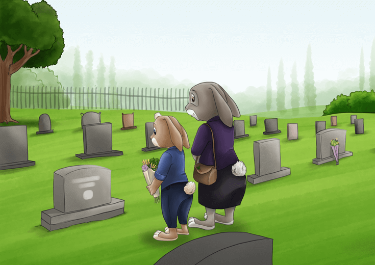 Rabbit boy and his mother placing flowers at his uncle's gravesite.