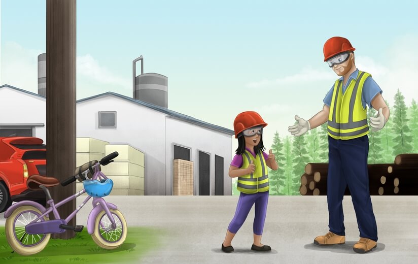 A girl visiting her friend who works at a sawmill.