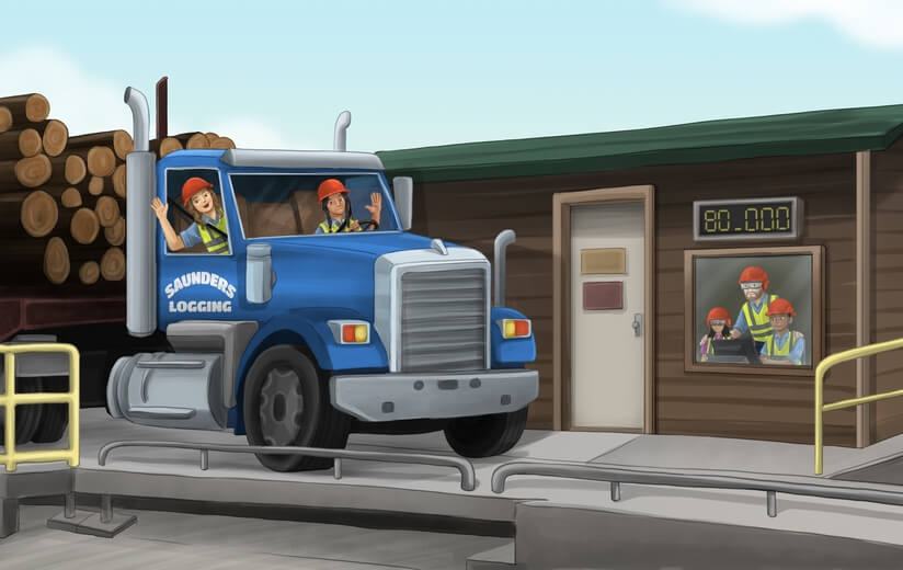 A worker showing a girl the truck weighing station for logs.