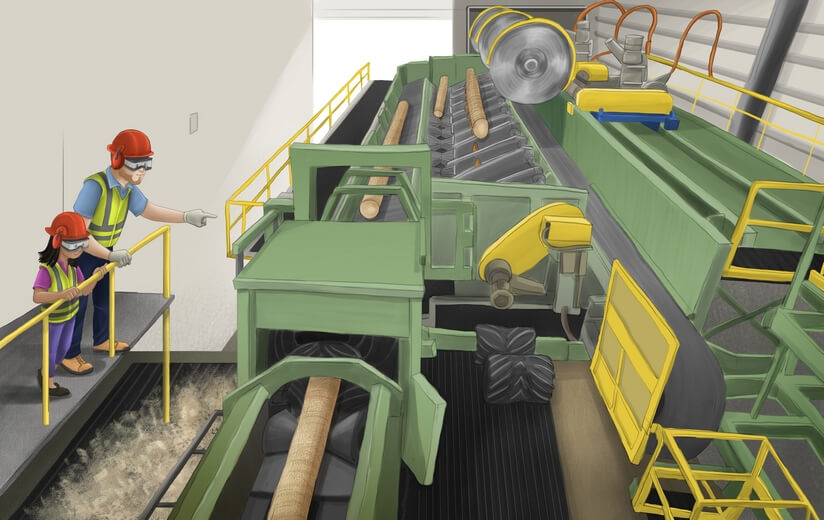A worker demonstrating how a debarking machine operates.